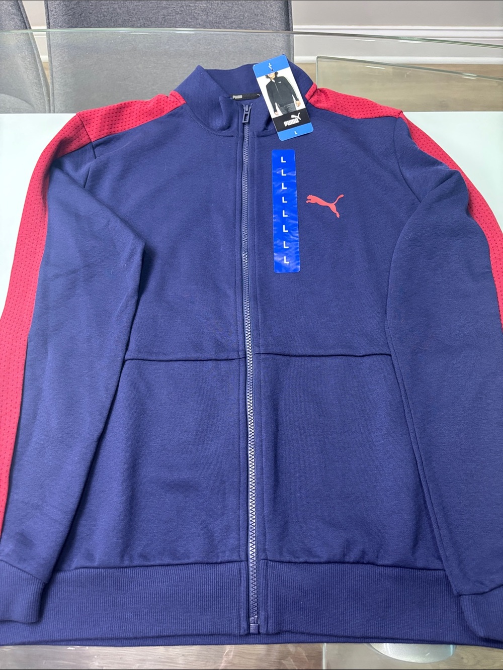 Puma Men's Navy Jacket with Red Shoulder Stripes full zipper large NET
